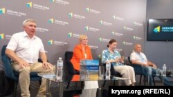 Презентація книги «Український Крим в умовах російської окупації: політика, економіка, соціум». Спікери: Михайло Гончар, Євгенія Горюнова, Ольга Скрипник, Павло Лакійчук (зліва направо). Київ, Україна, 11 липня 2024 року